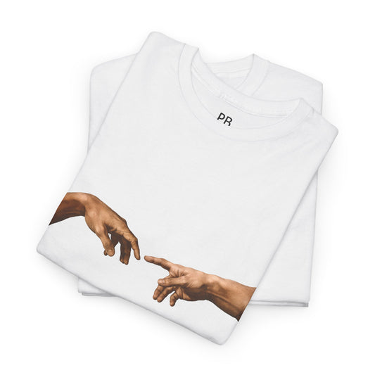 Creation Hands Graphic Tee – Minimalist Michelangelo-Inspired Art T-Shirt